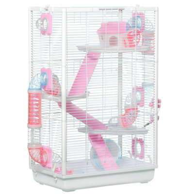 PawHut Hamster Cage with Tunnel Tubes, Gerbil Cage with Detachable Bottom, Ramps, Platforms, Hut, Exercise Wheel, Food Bowl