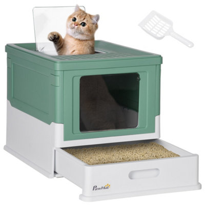 PawHut Hooded Cat Litter Box Portable Pet Toilet w Scoop Tray Green