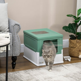 PawHut Hooded Cat Litter Box, Portable Pet Toilet w/ Tray, Scoop, Front Entry, 47.5 x 35.5 x 36.7cm - Green