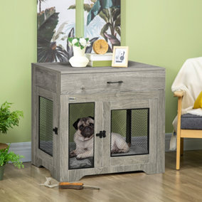 PawHut Indoor Dog Crate Furniture with Cushion, Double Doors, Pet Kennel End Table with Drawer, for Medium Dogs - Grey