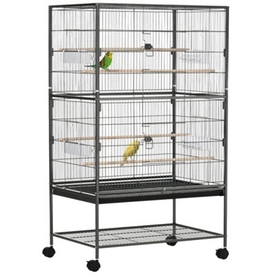 PawHut Large Bird Cage Budgie Cage for Finch Canaries Parakeet with Rolling Stand, Slide-out Tray, Storage Shelf, Dark Grey