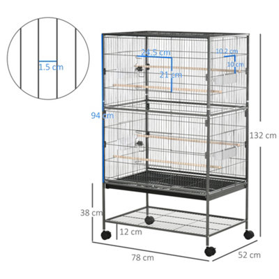 PawHut Large Bird Cage Budgie Cage for Finch Canaries Parakeet with Rolling Stand, Slide-out Tray, Storage Shelf, Dark Grey