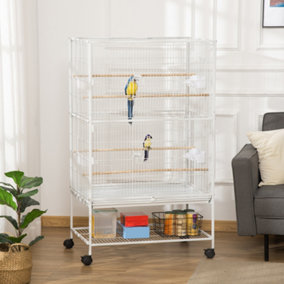 PawHut Large Bird Cage Budgie Cage for Finch Canaries Parakeet with Rolling Stand, Slide-out Tray, Storage Shelf, White