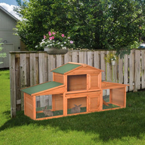 PawHut Large Rabbit Hutch Outdoor, Guinea Pig Hutch, Wooden Small Animal House, with Rabbit Run, 215 x 63 x 100 cm
