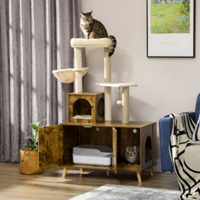 PawHut Litter Box Enclosure with Cat Tree Tower, Hidden Cat Washroom Furniture with Cat House, Scratching Posts-Rustic Brown