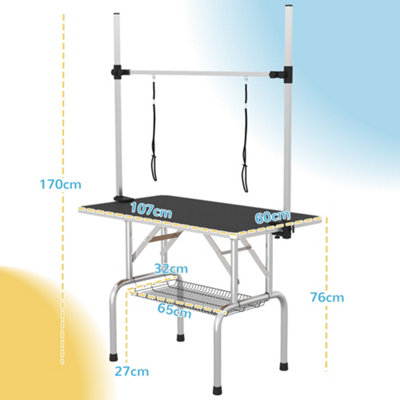 PawHut Metal Adjustable Dog Grooming Table Rubber Top 2 Safety Slings Mesh