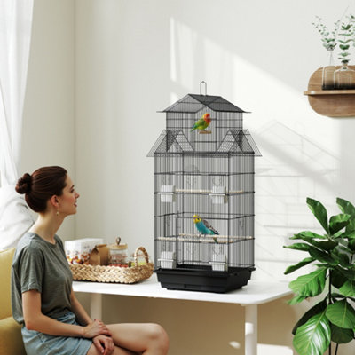 PawHut Metal Bird Cage w/ Perch, Food Container, Handle, for Finch, Canary