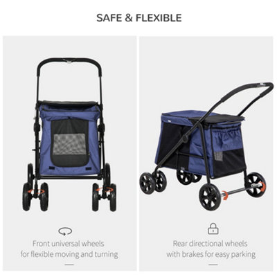 PawHut One-Click Foldable Pet Stroller, Dog Cat Travel Pushchair w/ EVA Wheels, Storage Bags, Mesh Windows, Dark Blue