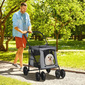 PawHut One-Click Foldable Pet Stroller, Dog Cat Travel Pushchair w/ EVA Wheels, Storage Bags, Mesh Windows, Grey
