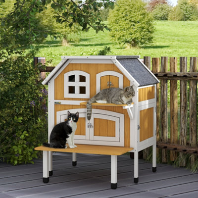 PawHut Outdoor Cat House Cat Shelter w Openable Asphalt Roof Escape Doors