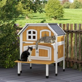 PawHut Outdoor Cat House Cat Shelter w/ Openable Asphalt Roof, Escape Doors