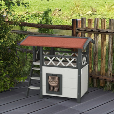 PawHut Outdoor Cat House w/ Balcony Stairs Roof, White