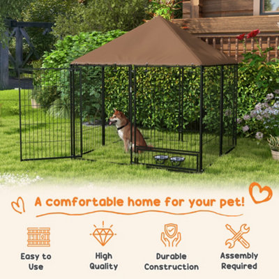 PawHut Outdoor Dog House Kennel with Canopy Top & Lock Rotating Bowl Holder - 6