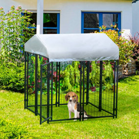 PawHut Outdoor Dog Kennel, Metal Playpen Fence Dog Run with UV-Resistant Canopy and Locks, for Small and Medium Dogs