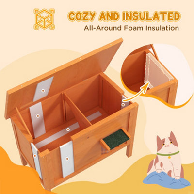 PawHut Outdoor Feral Cat House Insulated w/ Openable Roof - Orange - 4