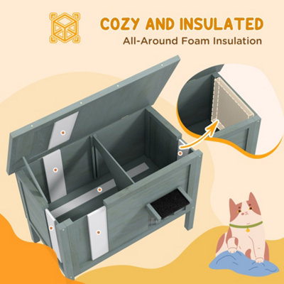 PawHut Outdoor Feral Cat House Insulated with Openable Roof - Charcoal Grey - 4