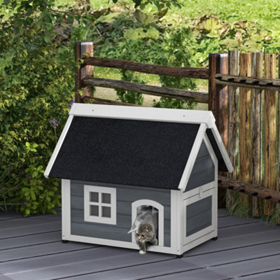 PawHut Outdoor Feral Cat House with Openable Asphalt Roof, Grey