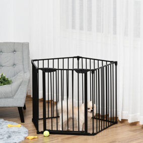PawHut Pet Safety Gate 5-Panel Playpen Fireplace Christmas Tree Metal Fence Stair Barrier Room Divider with Walk Through Door
