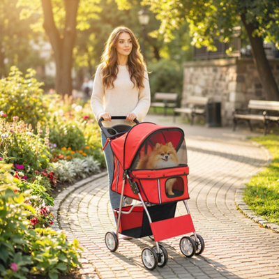 PawHut Pet Stroller Carrier Dog Pram Foldable Deluxe Walk Travel Dog, Red