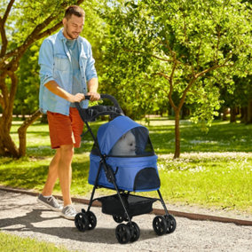 PawHut Pet Stroller Foldable Carriage with Brake Basket Canopy- Blue