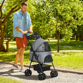 PawHut Pet Stroller Foldable Carriage with Brake Basket Canopy- Grey