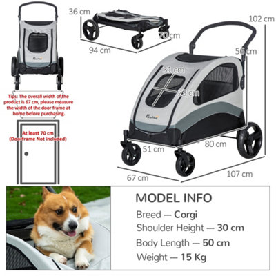 PawHut Pet Stroller for Medium Dogs Cat Pushchair Buggy Pram with 4 Wheels Safety Leash Zipper Doors Mesh Windows Storage Bag