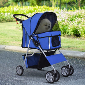 PawHut Pet Stroller for Small Miniature Dogs Cats Foldable Travel Carriage with Wheels Zipper Entry Cup Holder Storage Basket Blue