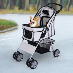 PawHut Pet Stroller for Small Miniature Dogs Cats Foldable Travel Carriage with Wheels Zipper Entry Cup Holder Storage Basket Grey