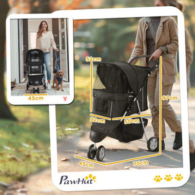 PawHut Pet Travel Stroller Cat Dog Pushchair Trolley Puppy Jogger Carrier Three Wheels for Small Miniature Dogs(Black) - 3