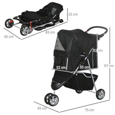 PawHut Pet Travel Stroller Cat Dog Pushchair Trolley Puppy Jogger Carrier Three Wheels for Small Miniature Dogs(Black)