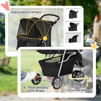 PawHut Pet Travel Stroller Cat Dog Pushchair Trolley Puppy Jogger Carrier Three Wheels for Small Miniature Dogs(Black) - 4