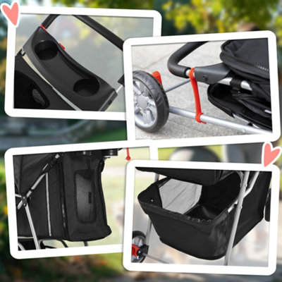 PawHut Pet Travel Stroller Cat Dog Pushchair Trolley Puppy Jogger Carrier Three Wheels for Small Miniature Dogs(Black) - 8