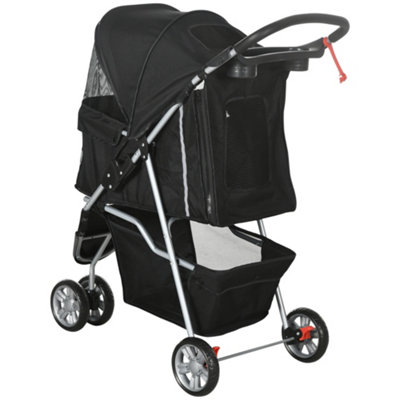PawHut Pet Travel Stroller Cat Dog Pushchair Trolley Puppy Jogger Carrier Three Wheels for Small Miniature Dogs(Black) - 9