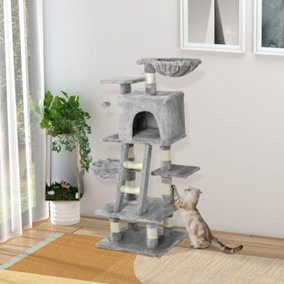 PawHut Plush Cat Tree, 125cm Cat Scratching Post for Indoor Large Cats with Hammock and Condo Activity Center Grey