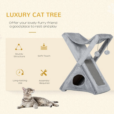 PawHut Plush Folding Cat Tree Play Rest Activity Tower w/ Scratching Post Grey