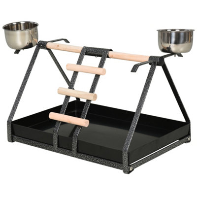 PawHut Portable Bird Stand Resting Stainless Steel Base Wood Perch Ladder Bowls