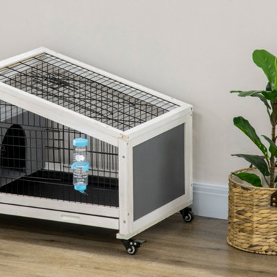 PawHut Rabbit Cage with Water Bottle Wheels Plastic Slide Out Tray Dark Grey