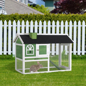PawHut Rabbit Hutch and Run Guinea Pig Hutch Wooden Bunny Cage for Outdoor Indoor with Pull Out Tray Run Asphalt Roof Green