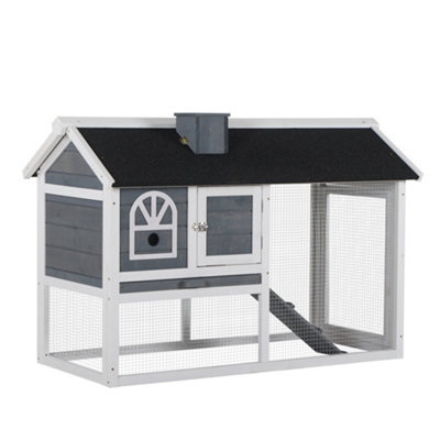 PawHut Rabbit Hutch and Run Guinea Pig Hutch Wooden Bunny Cage for Outdoor Indoor with Pull Out Tray Run Asphalt Roof Grey