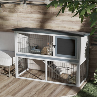PawHut Rabbit Hutch, Bunny Cage 2-Tier Wooden w/ Openable Roof Outdoor Grey Price Comparisons | Compare The Build