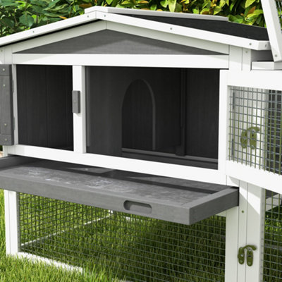PawHut Rabbit Hutch, Bunny Cage with Run & Sliding Tray, Hay Rack, Grey