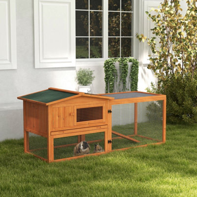 PawHut Rabbit Hutch, Bunny Cage with Run & Sliding Tray, Hay Rack, Orange