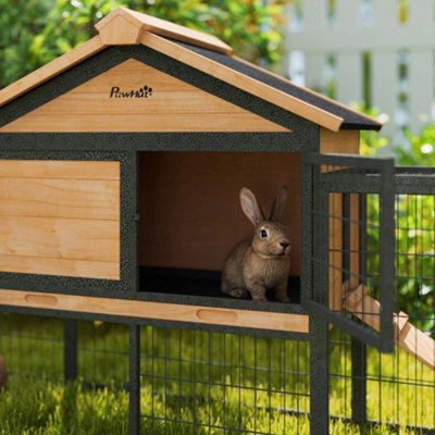 PawHut Rabbit Hutch, Guinea Pig Hutch Outdoor with Steel Run, Tray