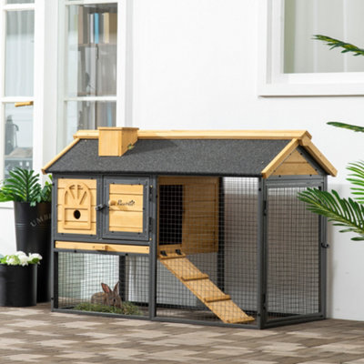 PawHut Rabbit Hutch Outdoor Bunny Cage with Run, Removable Tray, Ramp, Guinea Pig House, 120 x 55.5 x 80 cm