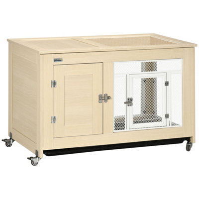 PawHut Rabbit Hutch with Wheels, Openable Roof, Removable
