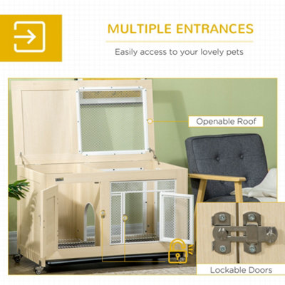 PawHut Rabbit Hutch with Wheels, Openable Roof, Removable