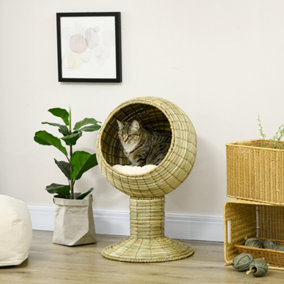 PawHut Raised Cat House, Natural Mat Grass Cat Bed, Kitten Cave with Cushion, Detachable Top, Yellow, Dia41x 69 cm