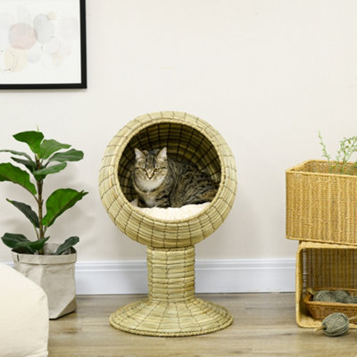 PawHut Raised Cat House Natural Mat Grass Cat Bed Kitten Cave with Cushion Detachable Top Yellow