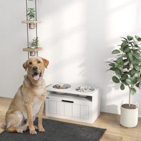 PawHut Raised Dog Bowl, Elevated Dog Bowls with Slow Feeder Mat, White