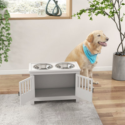 PawHut Raised Dog Bowls for Large Dogs Feeding Station w Stand Storage White